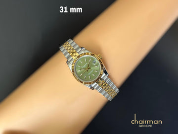 Green Dated Dial Gold Silver Strap Chairman Geneve Ladies Watch