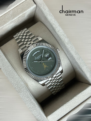 Grey Dated Arabic Dial Chairman Geneve Silver Chain Gents Watch