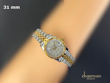 Grey Dated Dial Silver Gold Strap Chairman Geneve Ladies Watch
