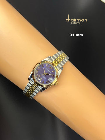 Purple Dated Roman Dial Chairman Geneve Silver Gold Chain Gents Watch