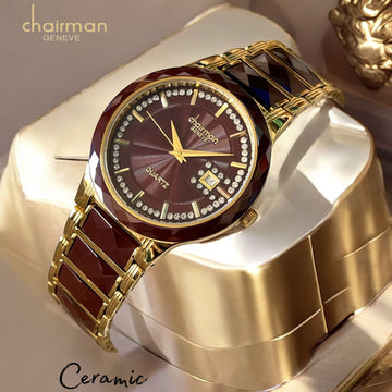 Quartz Ceramic Chairman Geneve Dated Brown And Gold Ladies Watch