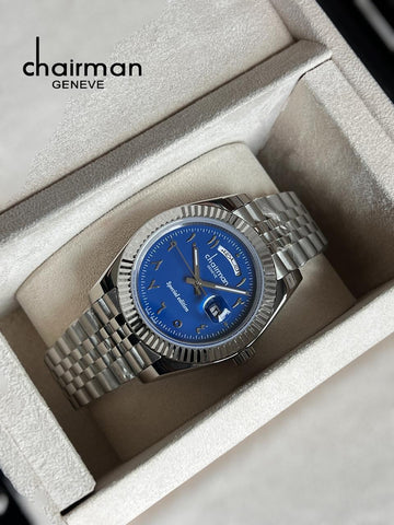 Special Edition Chairman Geneve Arabic Day And Dated Blue Dial Silver Chain Gents Watch