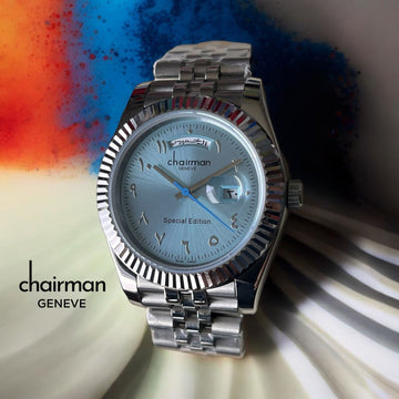 Special Edition Chairman Geneve Baby Blue Arabic Day And Dated Dial Silver Chain Gents Watch