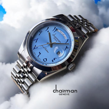 Special Edition Chairman Geneve Blue Arabic Day And Dated Silver Chain Gents Watch