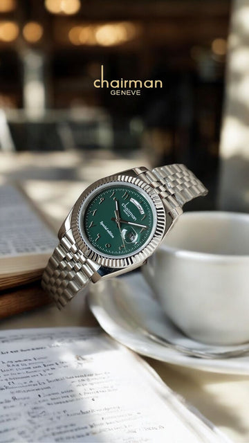 Special Edition Chairman Geneve Green Day And Dated Arabic Dial Silver Chain Gents Watch