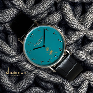 Swiss Design Chairman Geneve OMAN Emblem Arabic Sky Blue Dial Black Strap Gents Watch