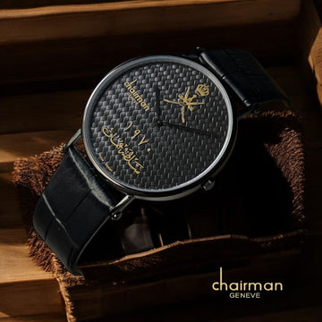 Swiss Design Chairman Geneve OMAN Emblem Black Dial Black Strap Gents Watch