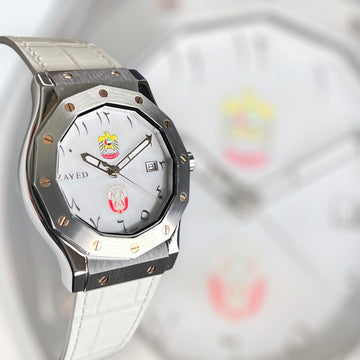 UAE ABUDHABI Emblem Chairman Geneve Zayed Dated Arabic Dial White Strap Gents Watch