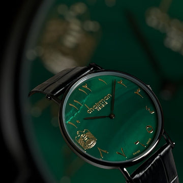 UAE Emblem Arabic Green Dial Swiss Made Chairman Geneve Black Strap Gents Watch