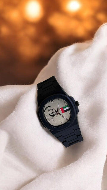 UAE Flag Sheikh Photo Arabic Grey Dial Black Chain Gents Watch