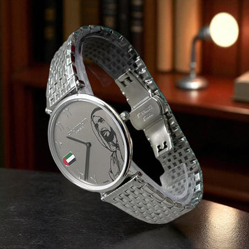 UAE Flag Sheik Arabic Grey Dial Chairman Geneve Silver Chain Gents Watch
