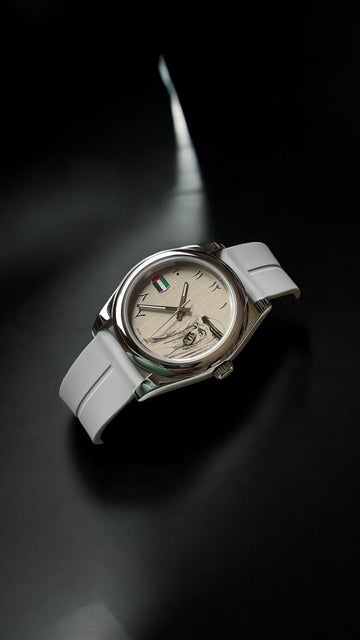 UAE Flag Sheik Photo Arabic Beige Dial Grey Strap Gents Watch