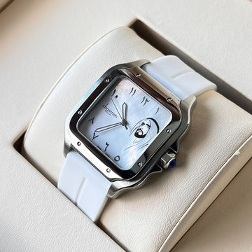 UAE Sheik Chairman Geneve Arabic White Marble Dial White Strap Gents Watch