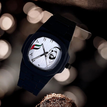 UAE Sheikh Flag Photo Arabic Silver Dial Black Chain Gents Watch
