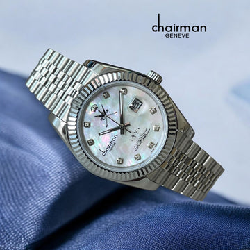 White Marble Dial Dated Chairman Geneve Silver Chain Gents Watch