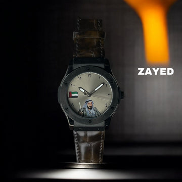 Zayed Flag Founder Of UAE Grey Arabic Dial Brown Strap Gents Watch