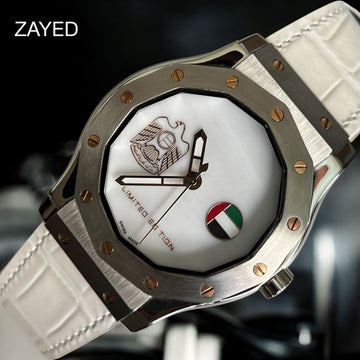 Zayed Limited Edition UAE Emblem Flag White Dial White Strap Gents Watch
