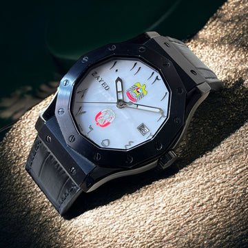 Zayed UAE And ABU DHABI Emblem Arabic Dated White Dial Black Strap Gents Watch