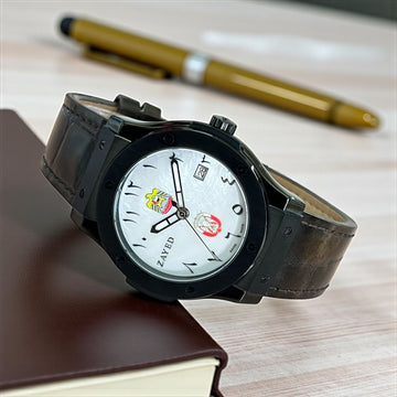 Zayed UAE And ABU DHABI Emblem Arabic Dated White Dial Brown Strap Gents Watch