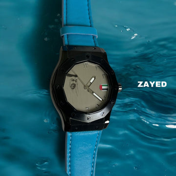 Zayed UAE Flag Grey Arabic Dial Sky Blue Strap Watch
