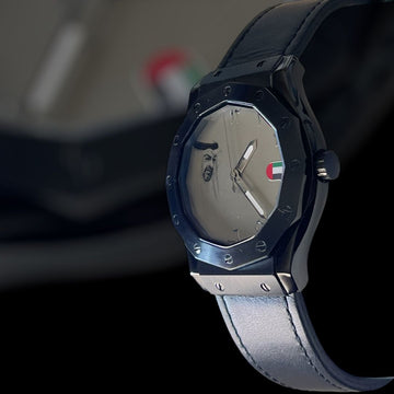 Zayed UAE Flag Sheikh Photo Grey Arabic Dial Black Strap Gents Watch