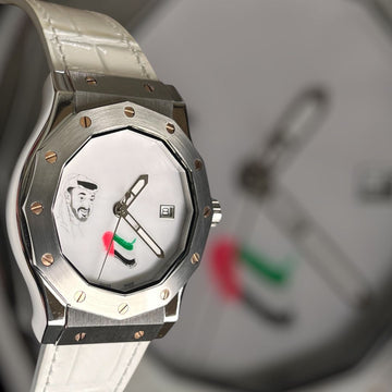 Zayed UAE Sheikh Flag Dated White Dial White Strap Gents Watch