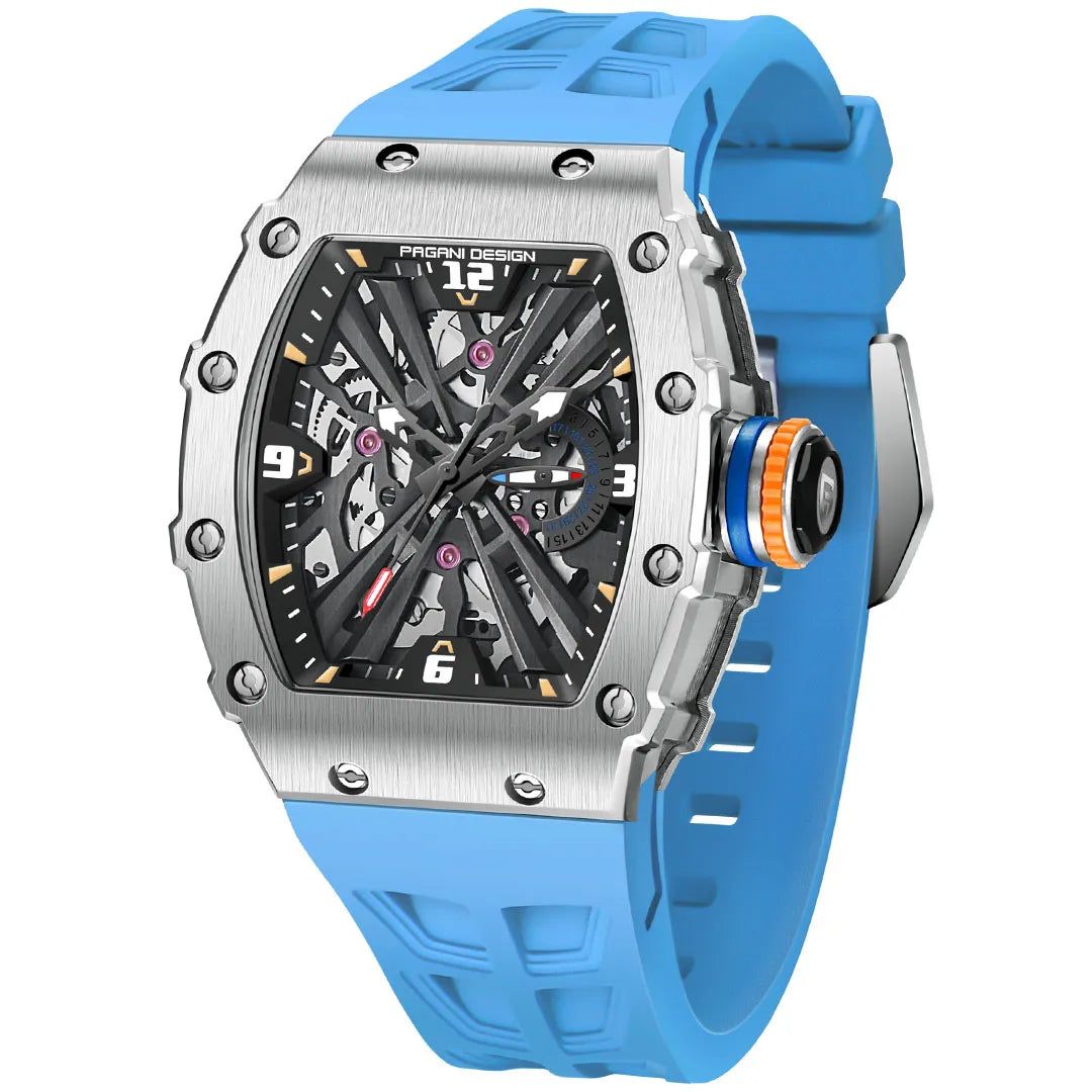 PAGANI DESIGN Quartz Watches Stainless Steel Waterproof Wrist Watch with Blue Color Silicone Watchband