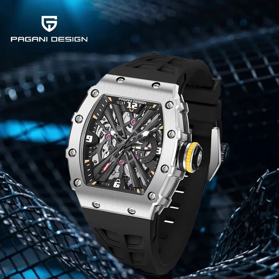 PAGANI DESIGN Quartz Watches Stainless Steel Waterproof Wrist Watch for Men with Black Silicone Watchband