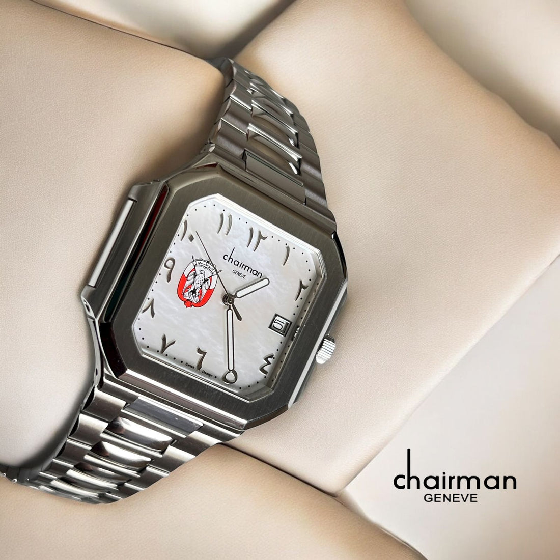 ABU DHABI Emblem Chairman Geneve Dated Arabic White Dial Silver Chain Gents Watch