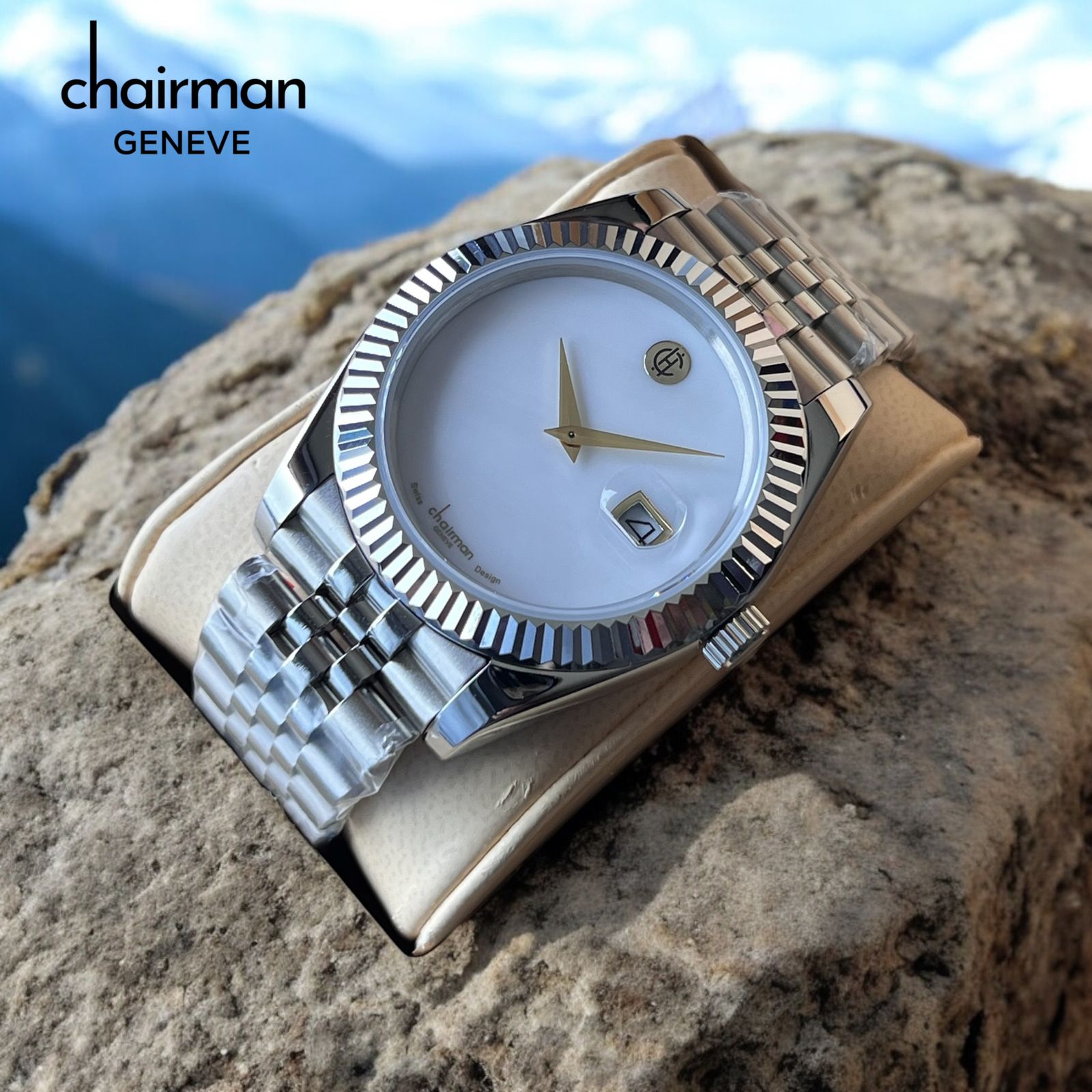 Blank Marble Finish Dial Men's Watch White Swiss Made Chairman