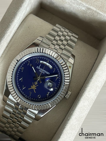 Blue Dated Arabic Dial Chairman Geneve Silver Chain Gents Watch