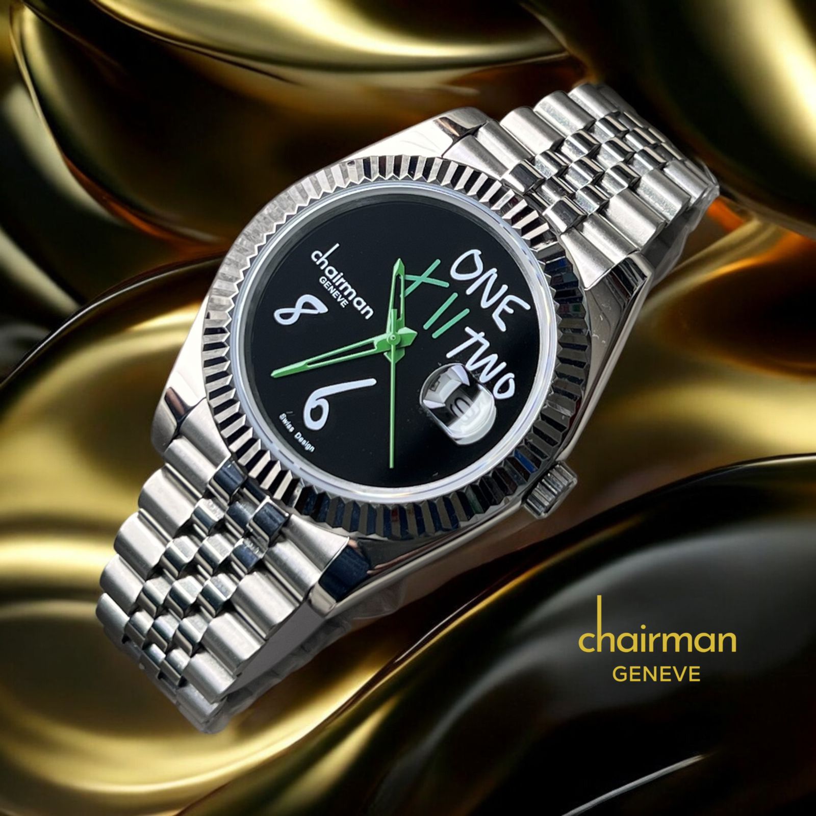 Chairman Geneve One XI TWO Mens Premium Watch with Green Hour Markers Black Dial and Stainless Steel Band