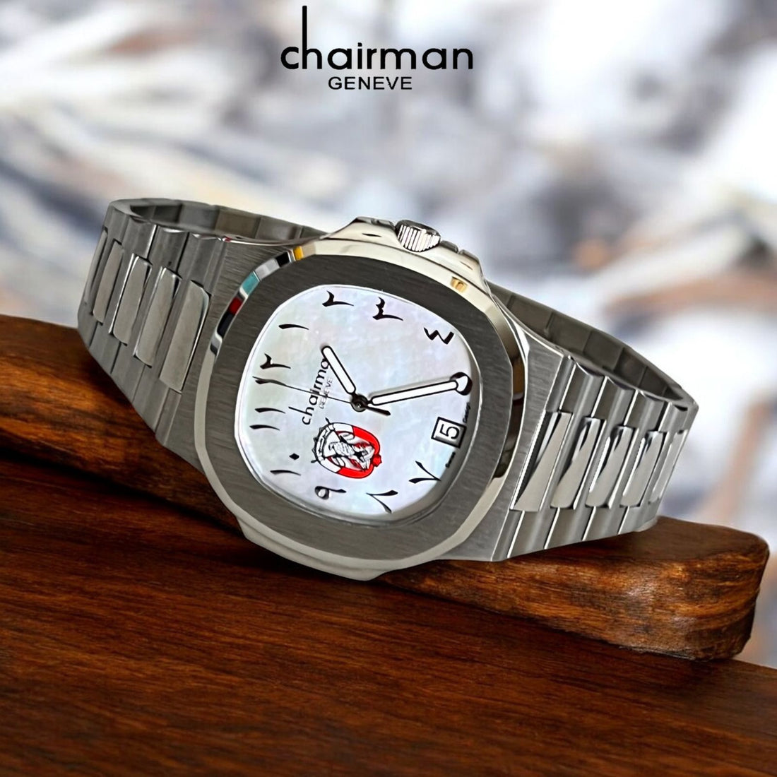 Chairman Geneve ABU DHABI Emblem Dated Arabic White Dial Silver Chain Gents Watch