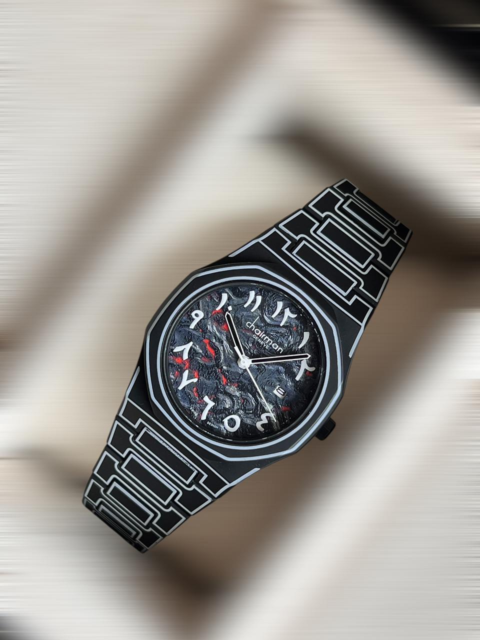 Chairman Geneve Arabic Black Marble Dial Black Poly Carbon Gents Watch