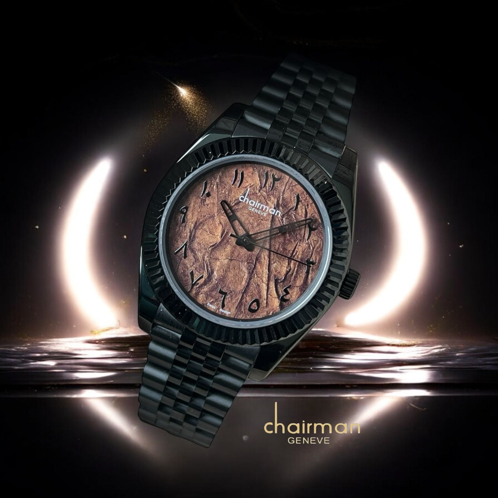 Chairman Geneve Arabic Brown Marble Dial Black Color Strap Gents Watch