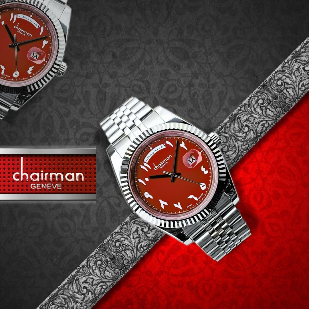 Chairman Geneve Arabic Day And Dated Maroon Dial Silver Chain Gents Watch