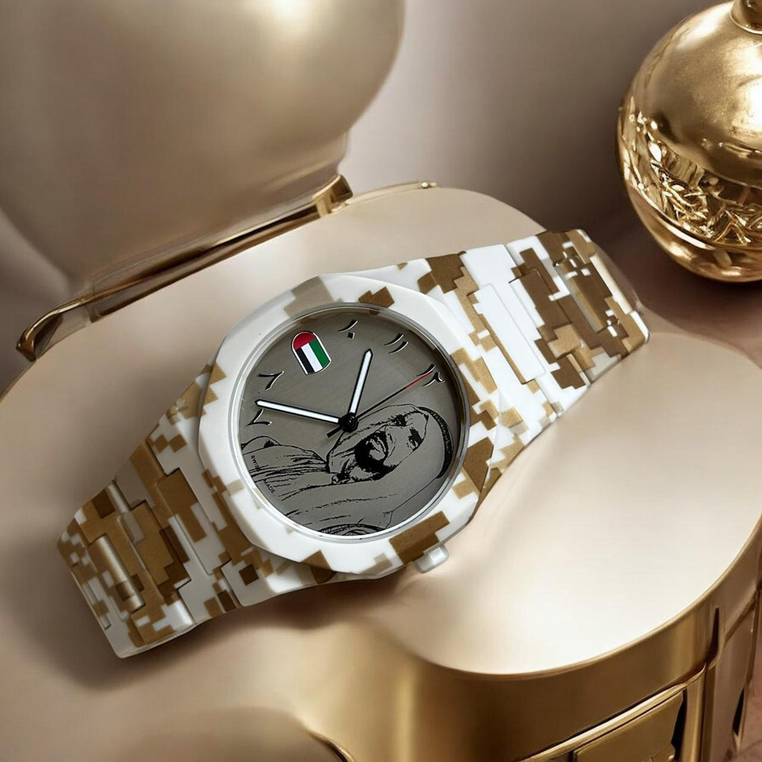Chairman Geneve Arabic UAE Flag Sheik Grey Dial White And Brown Chain Gents Watch