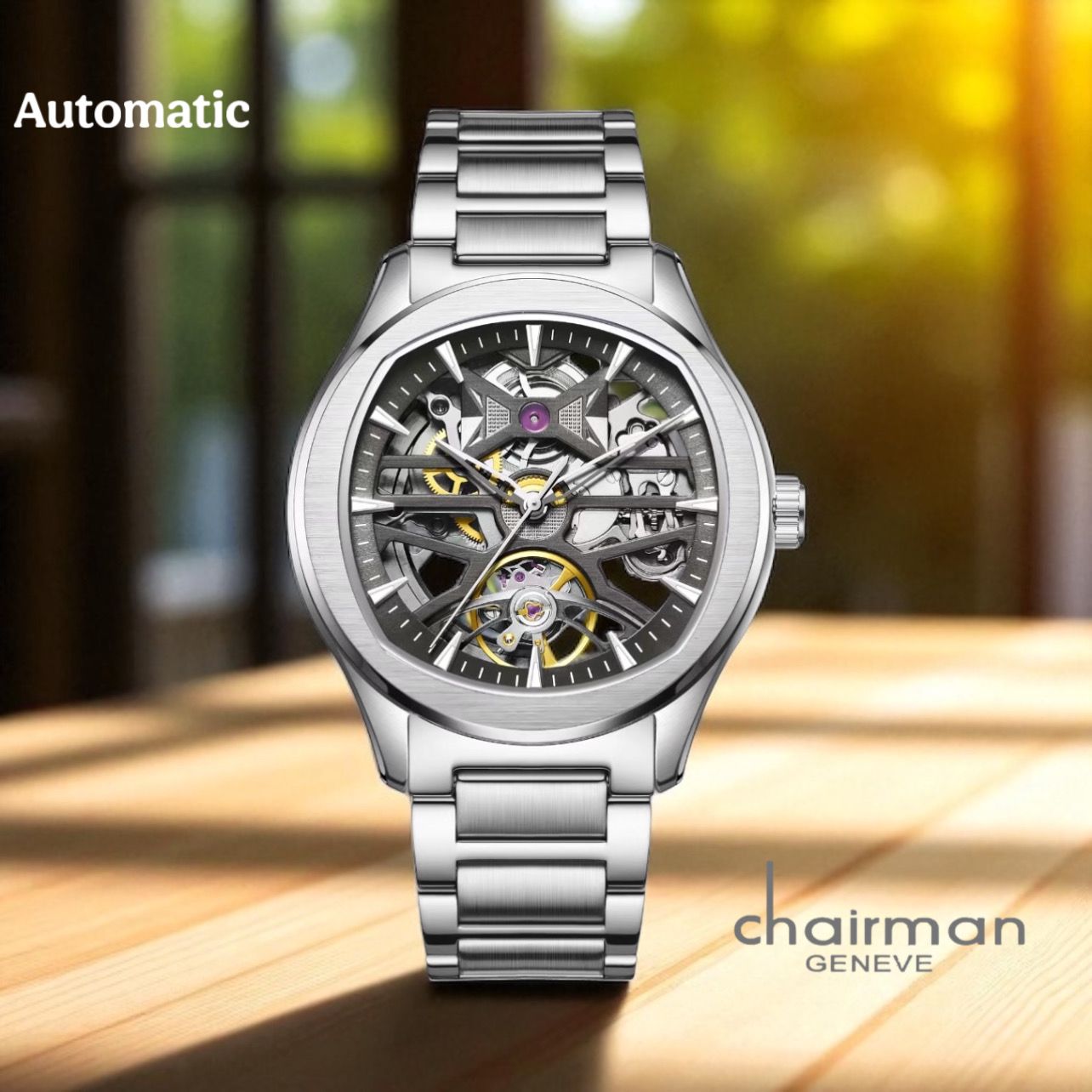 Chairman Geneve Automatic Mechanical Black Dial Silver Chain Gents Watch