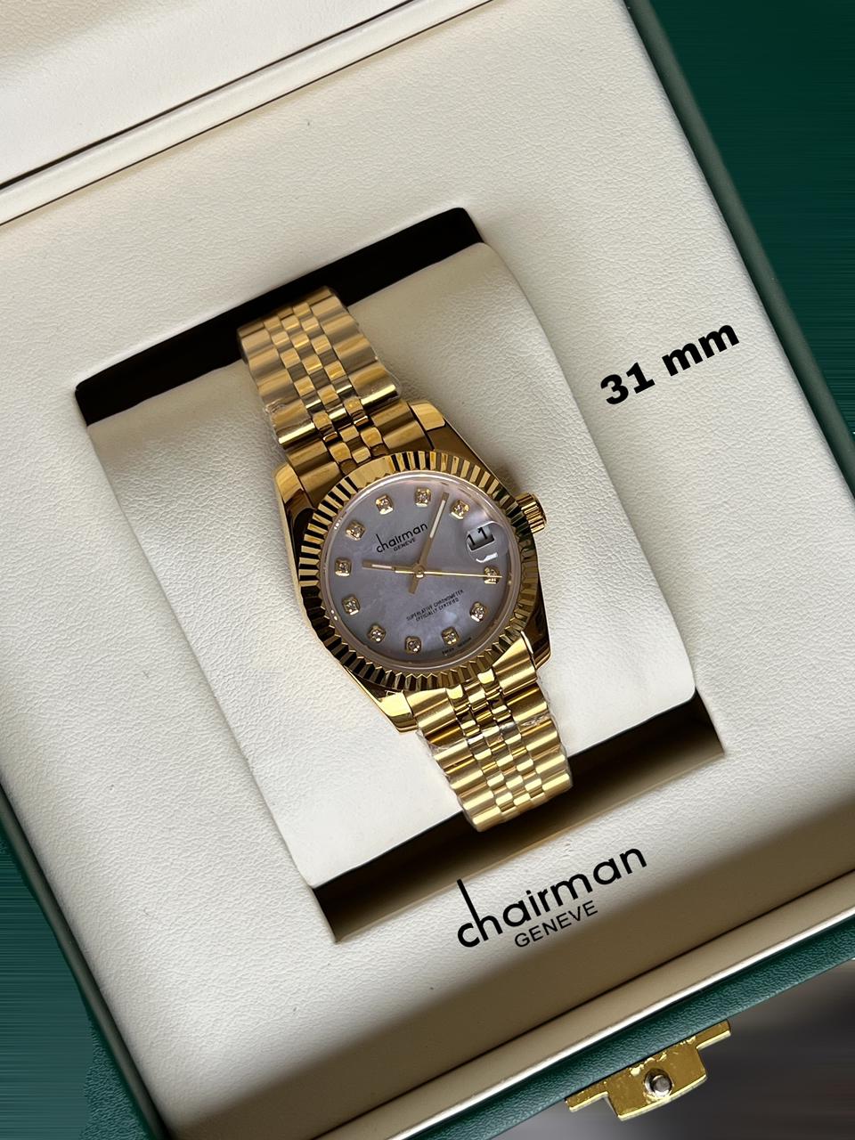 Chairman Geneve Baby Grey Dated Stone Dial Golden Chain Ladies Watch