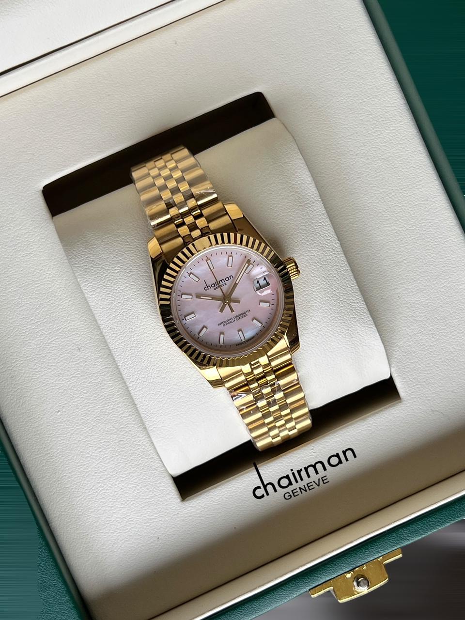 Chairman Geneve Baby Pink Dated Dial Golden Chain Ladies Watch