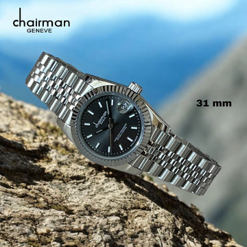 Chairman Geneve Black Dated Dial Silver Strap Gents Watch