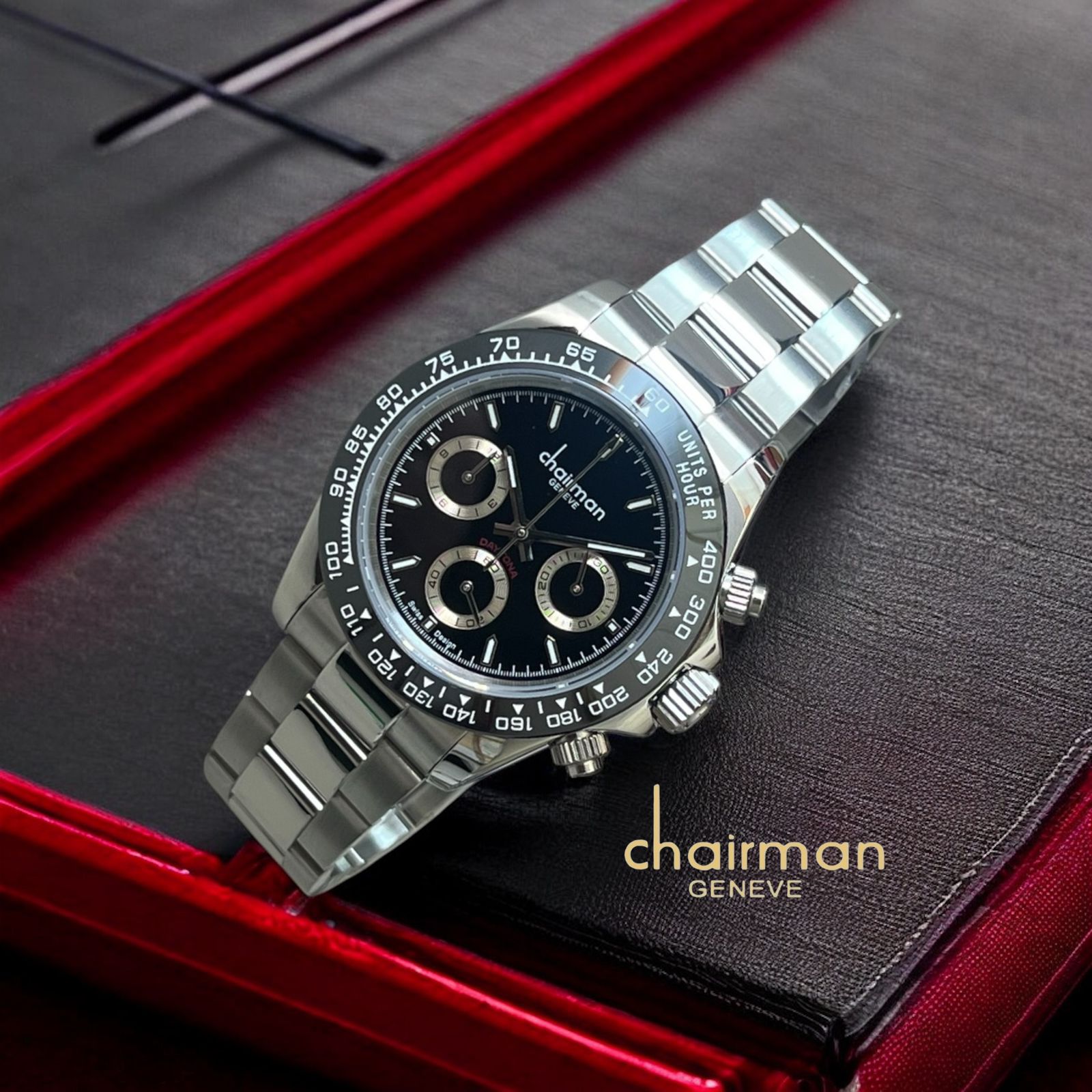 Chairman Geneve Black Dial Steel Strap Men's Watch