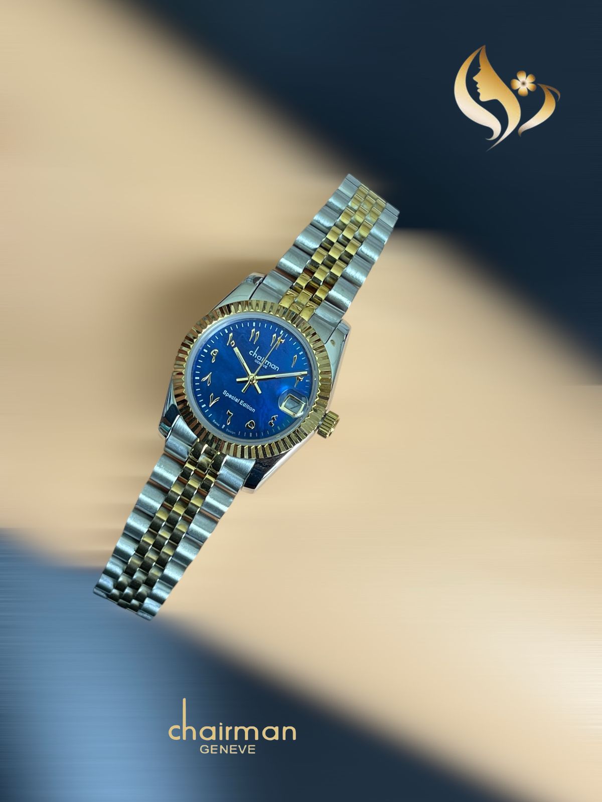 Chairman Geneve Blue Arabic Dated Dial Silver And Gold Chain Ladies Watch