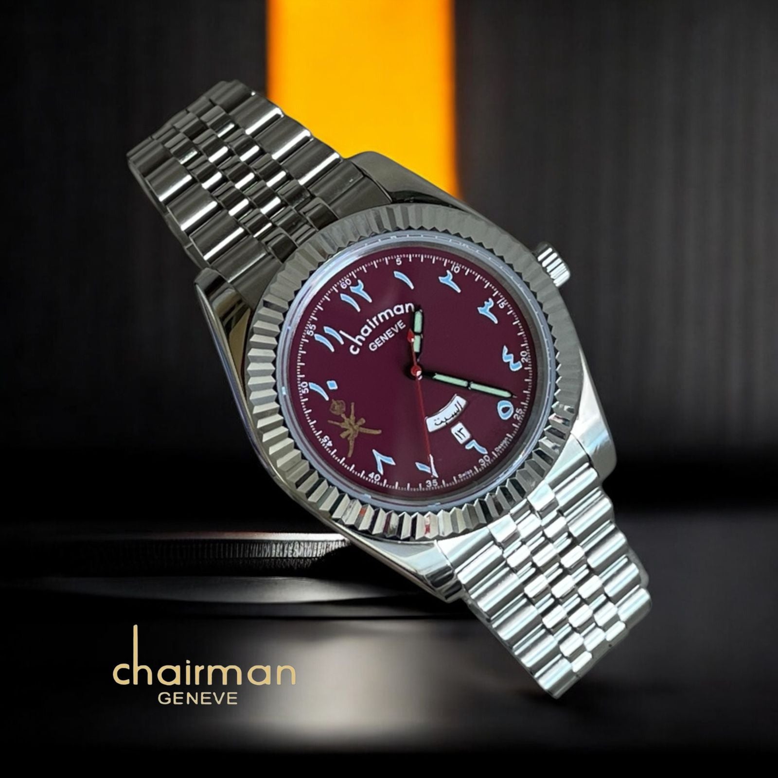 Chairman Geneve Dated Arabic Maroon Dial Silver Chain Gents Watch