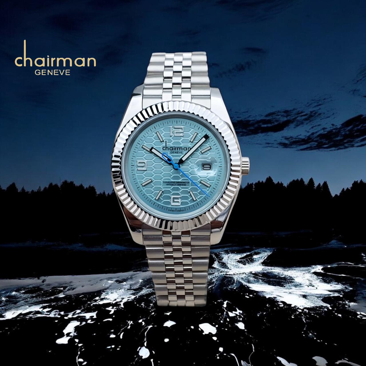 Chairman Geneve Dated Baby Blue Dial Silver Chain Gents Watch