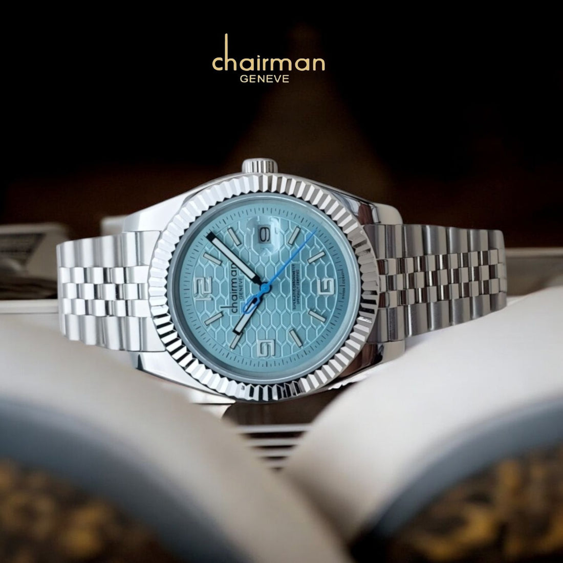 Chairman Geneve Dated Baby Blue Dial Silver Chain Gents Watch