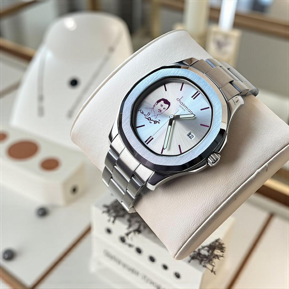 Chairman Geneve Dated Baby Grey And Blue Dial Silver Chain Gents Watch