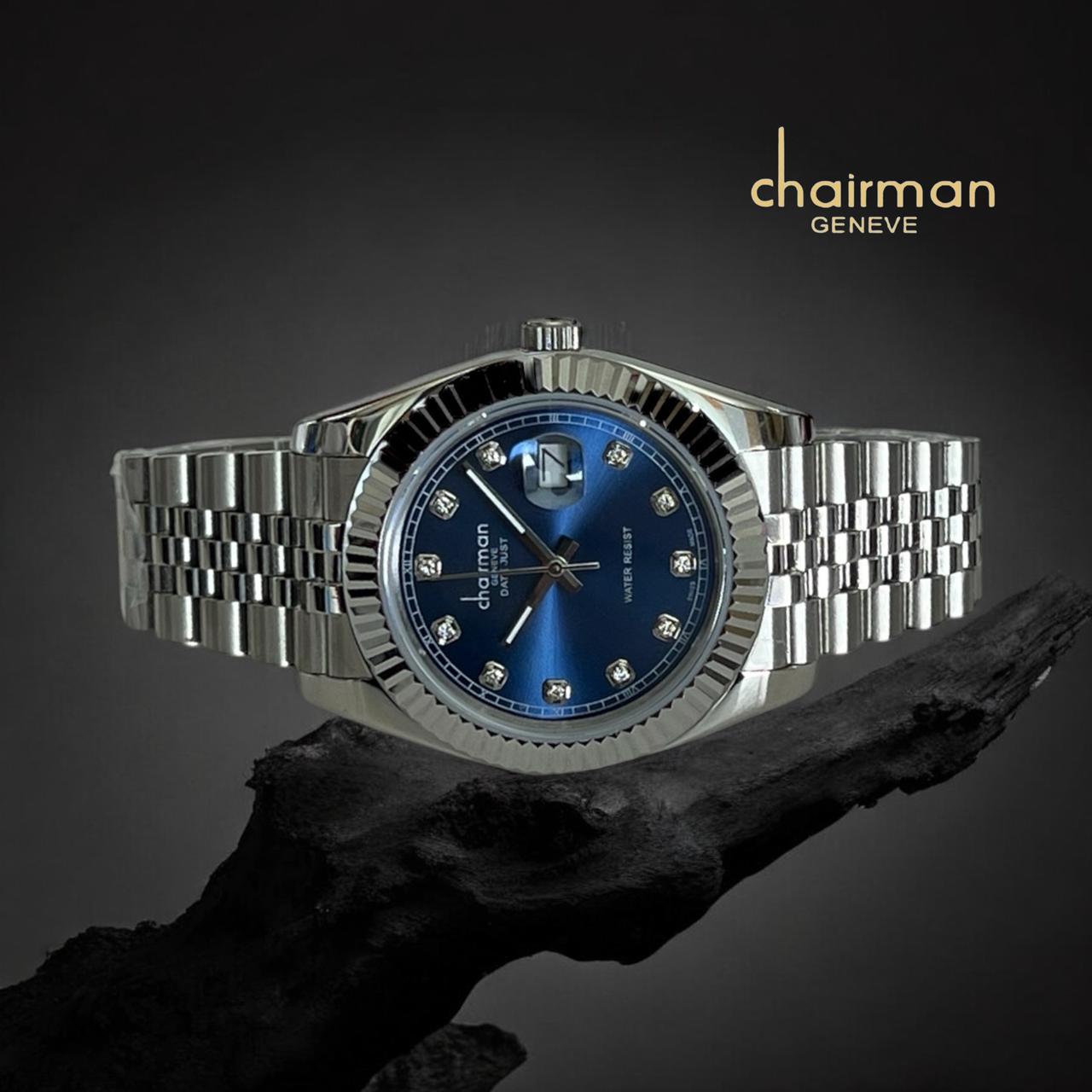 Chairman Geneve Dated Blue Dial Silver Chain Gents Watch