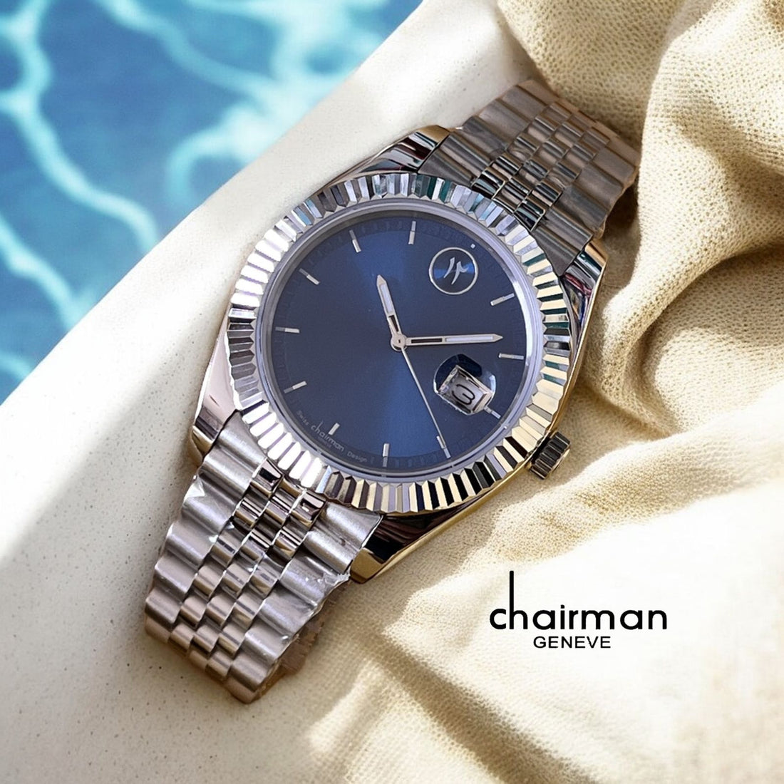 Chairman Geneve Dated Blue Dial Silver Chain Gents Watch