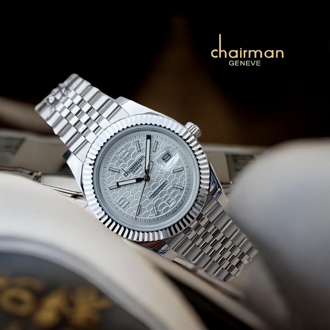 Chairman Geneve Dated Grey Dial Silver Chain Gents Watch